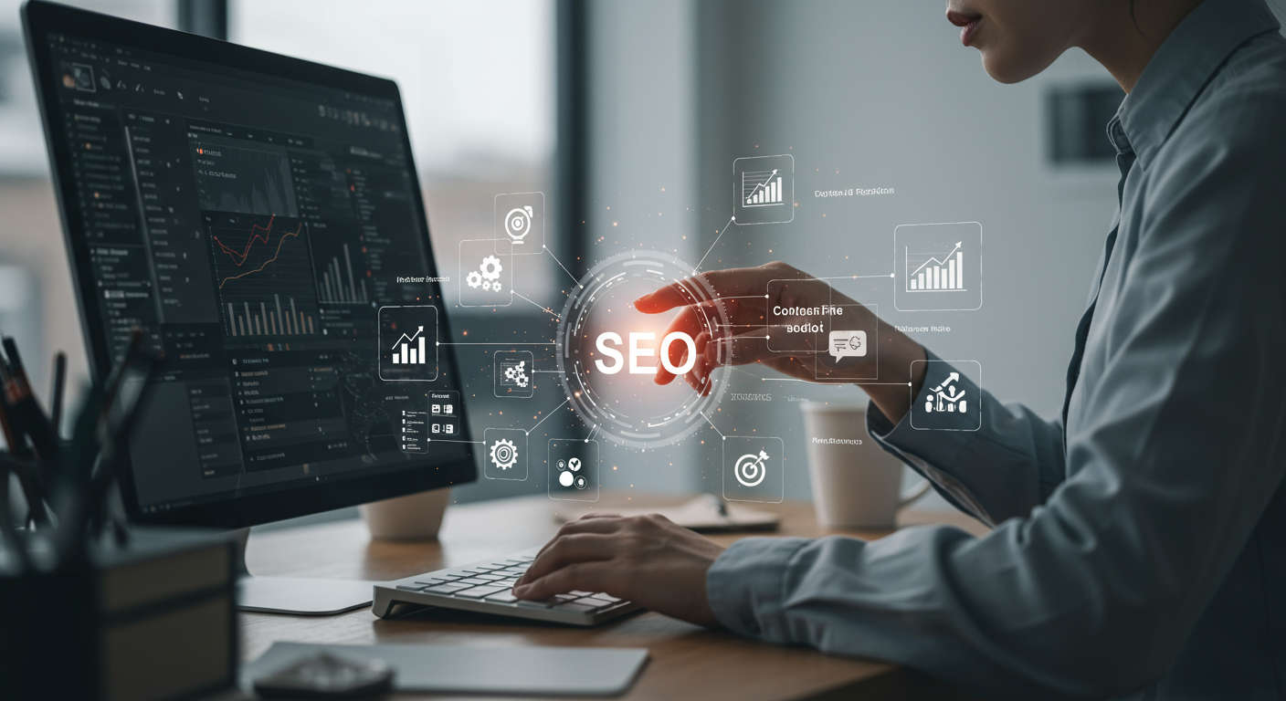 AI virtual employee managing multiple SEO tasks on a computer screen, with icons representing keyword research, content audits, and automation, in a bright startup workspace