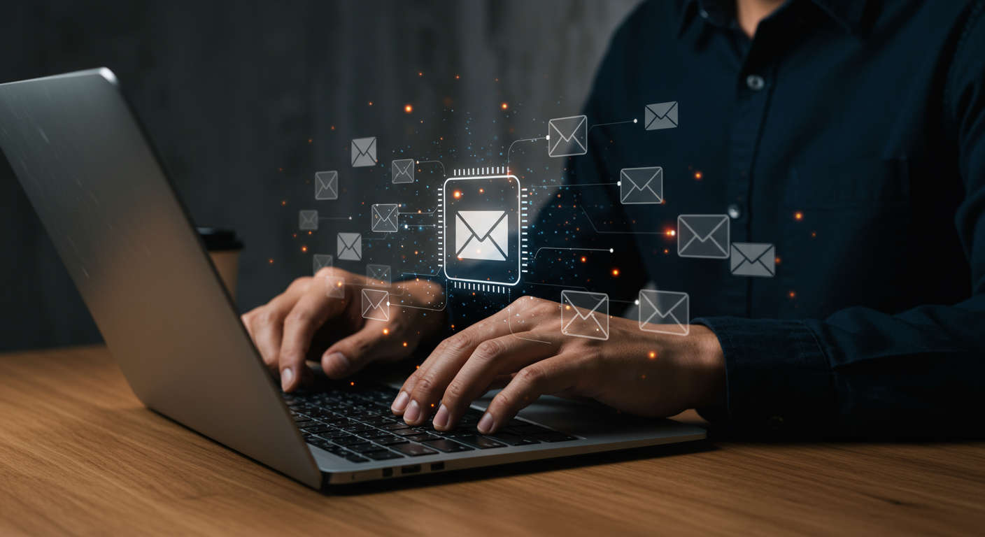 A small business owner using AI email marketing automation on a laptop, with digital marketing icons and email envelopes floating around, modern office background