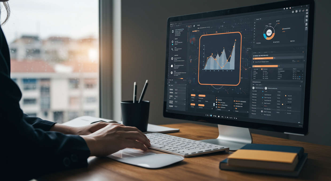Local service provider working on SEO content automation with AI, publishing daily blog posts on WordPress, showing organic traffic growth and keyword research on screen
