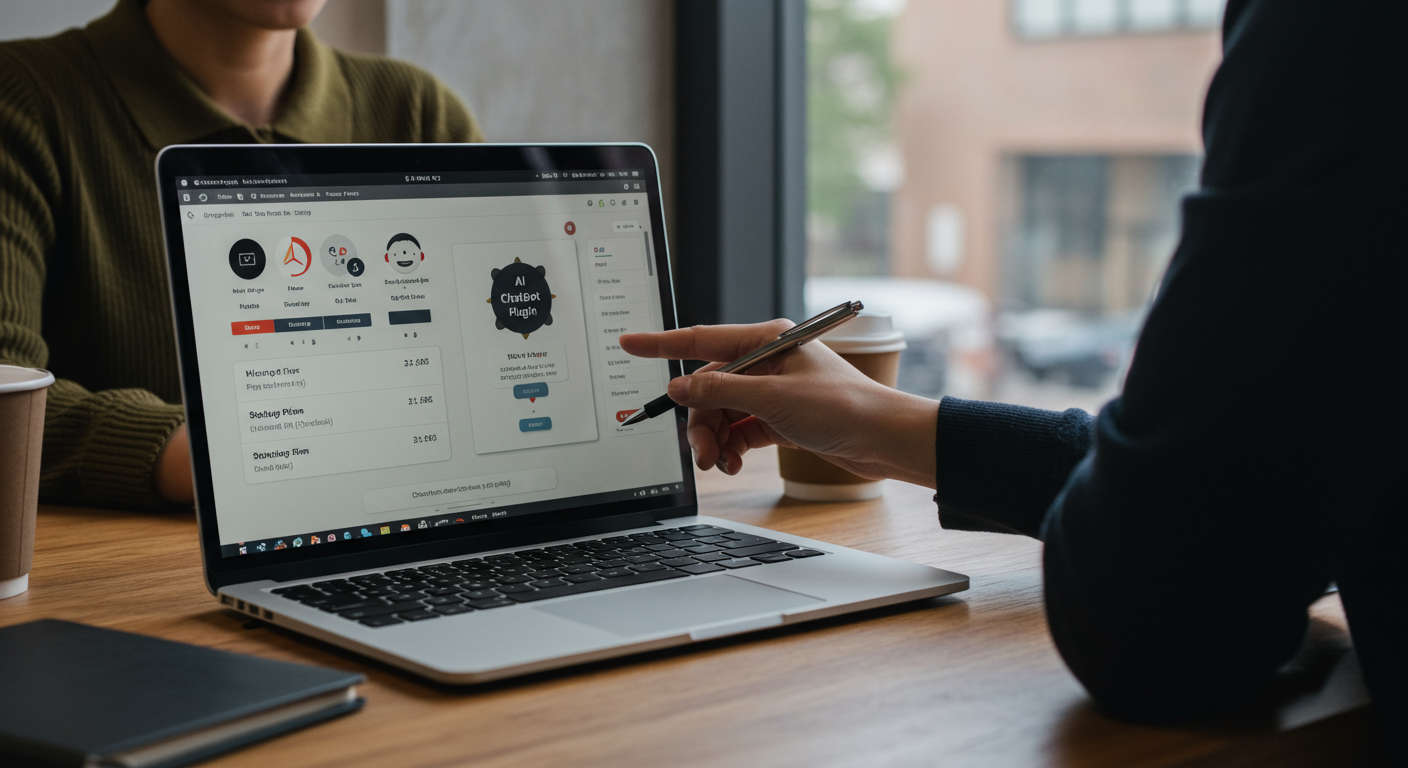 A small business owner installing an AI chatbot plugin on WordPress and Shopify, showing a laptop screen with plugin interface and setup steps, modern office background, diverse people