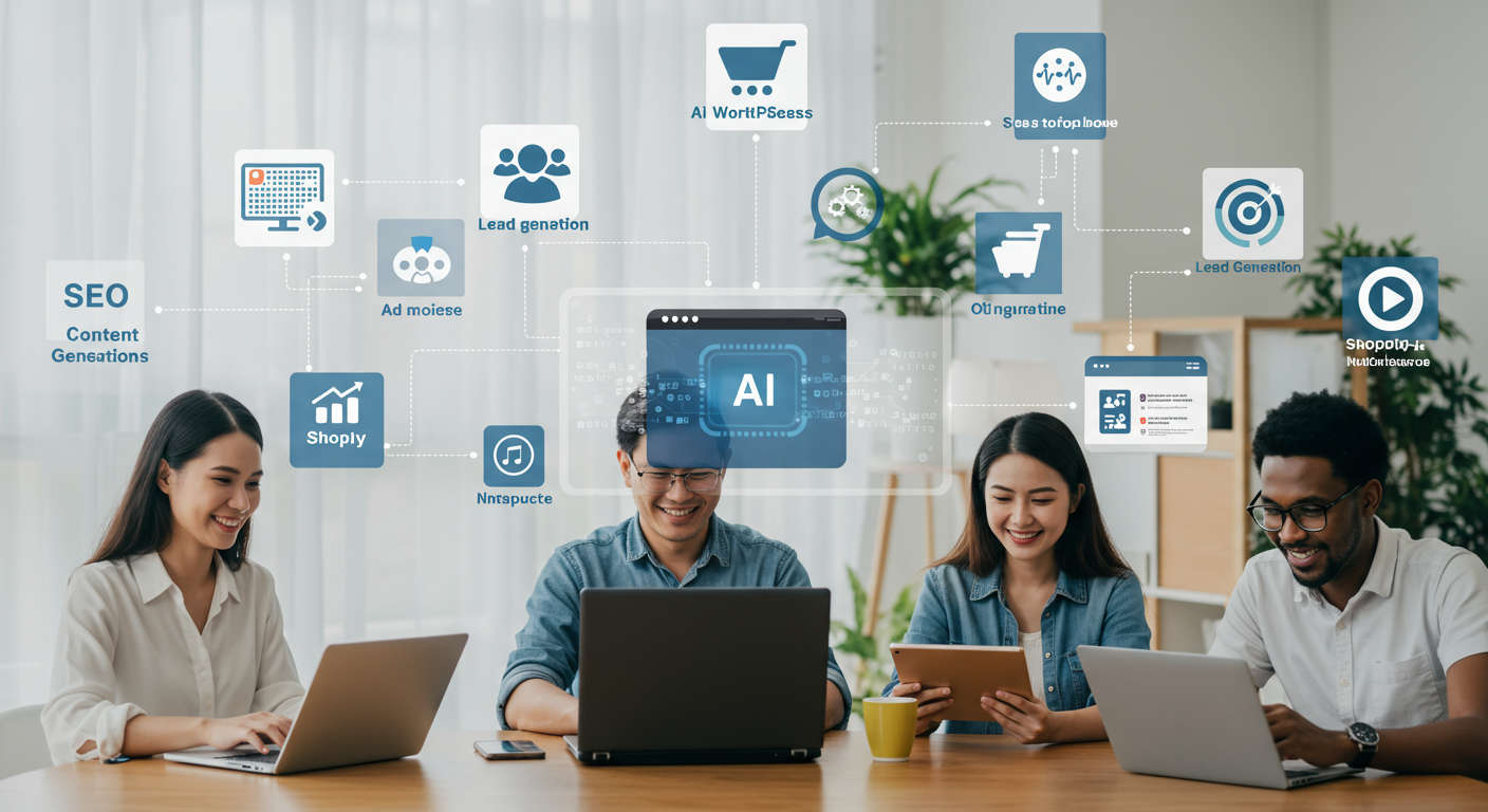 Diverse small business owners and startup founders using AI virtual employees on laptops and tablets, integrating AI with WordPress and Shopify for no-code automation and SEO content creation.