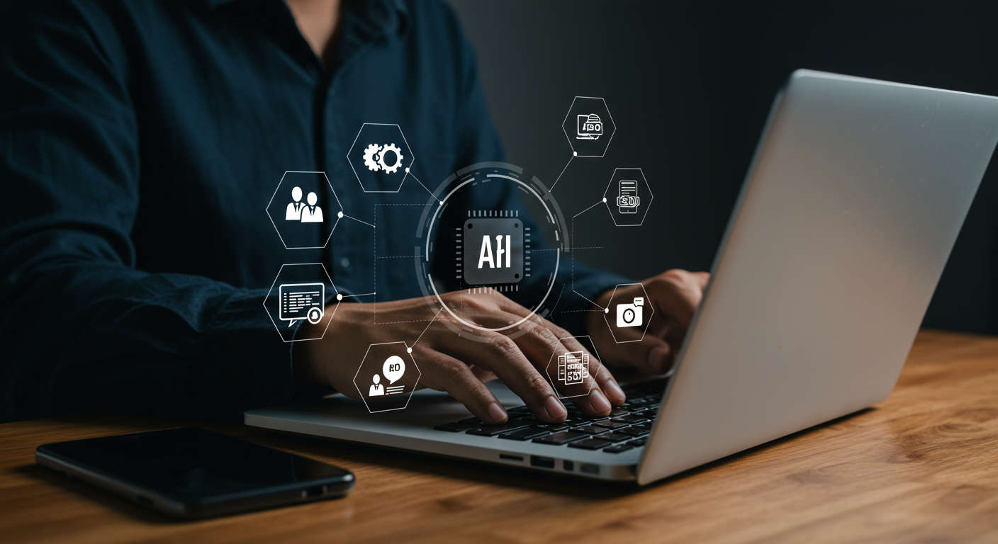 Small business owner using AI automation tools on a laptop, surrounded by icons representing virtual employees, SEO content, WordPress and Shopify plugins, and no-code onboarding