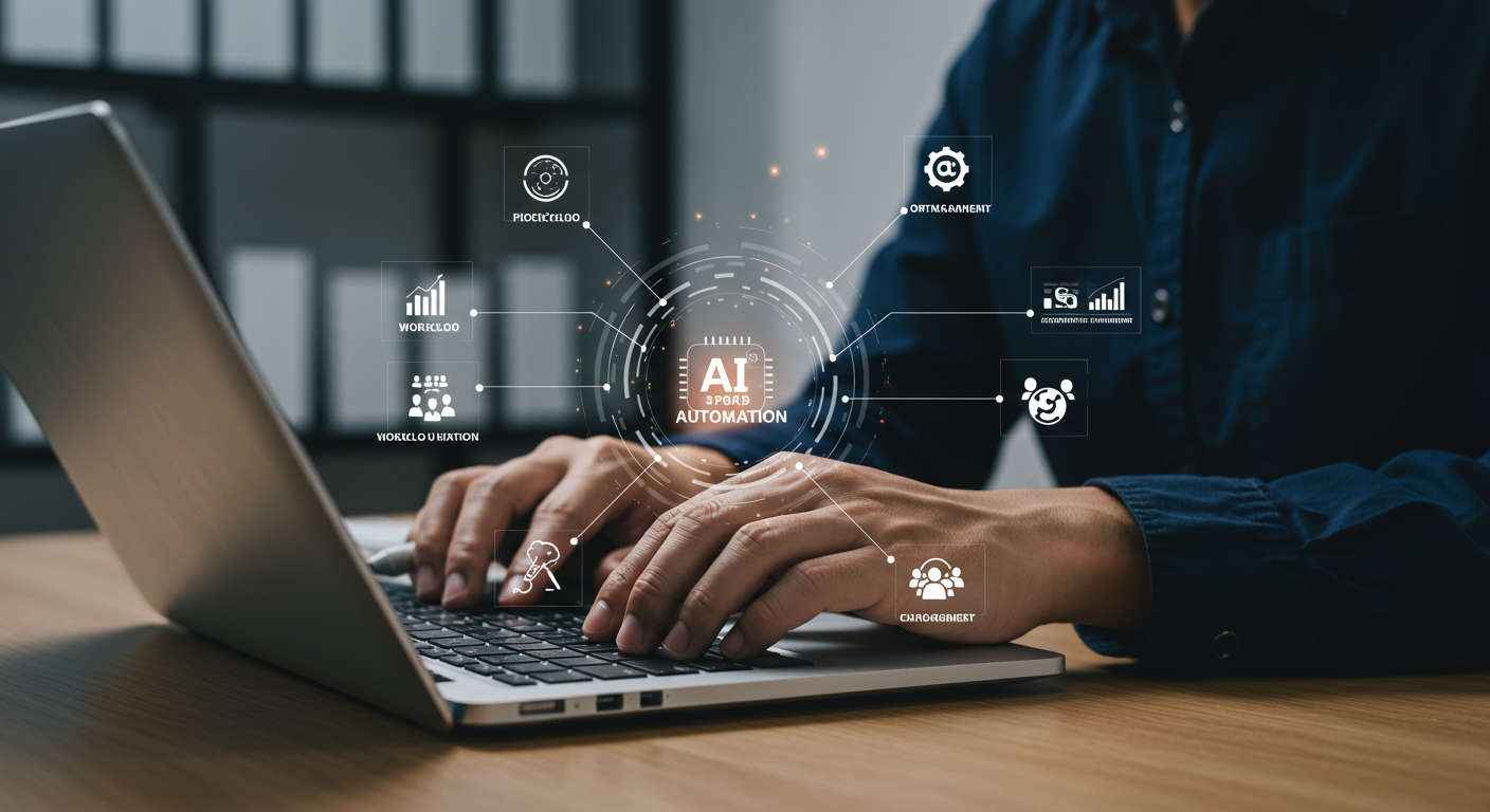 Small business owner using AI automation tools on a laptop, with icons representing workflow automation, SEO optimisation, and customer engagement around them, modern office setting