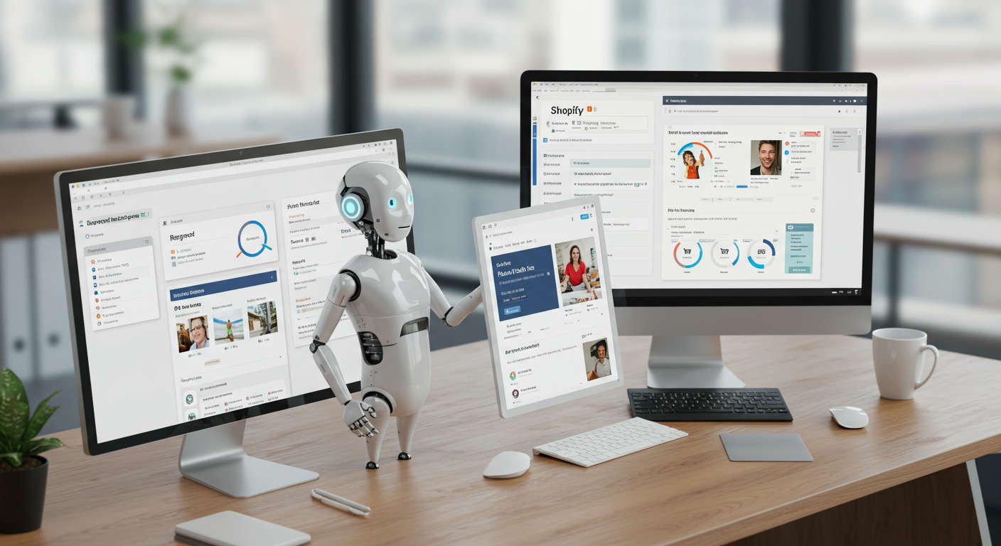 An AI virtual employee working autonomously on a WordPress and Shopify dashboard, showing automated marketing tasks like keyword research, blog writing, and lead nurturing