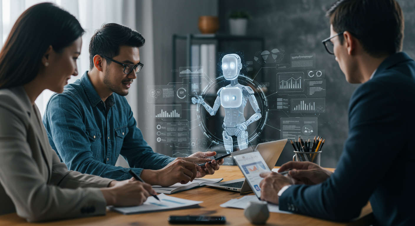 A diverse small team collaborating with an AI virtual employee on a digital workflow, showcasing no-code AI onboarding and workflow automation for small businesses