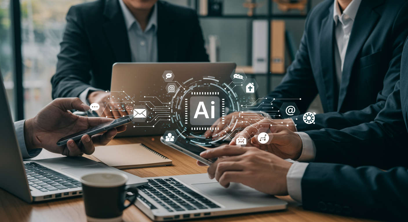 Small business owners using AI technology for email marketing automation with digital marketing icons in a modern office setting