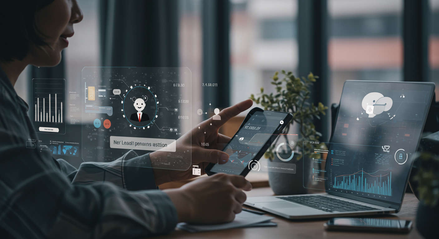 AI virtual employee assisting with lead generation for a local business, showing AI analysing data, scoring leads, and engaging customers on digital devices, vibrant and modern style