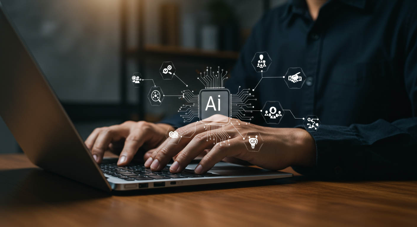 Small business owner using AI automation plugins on a laptop with icons for SEO, customer support, and ecommerce automation