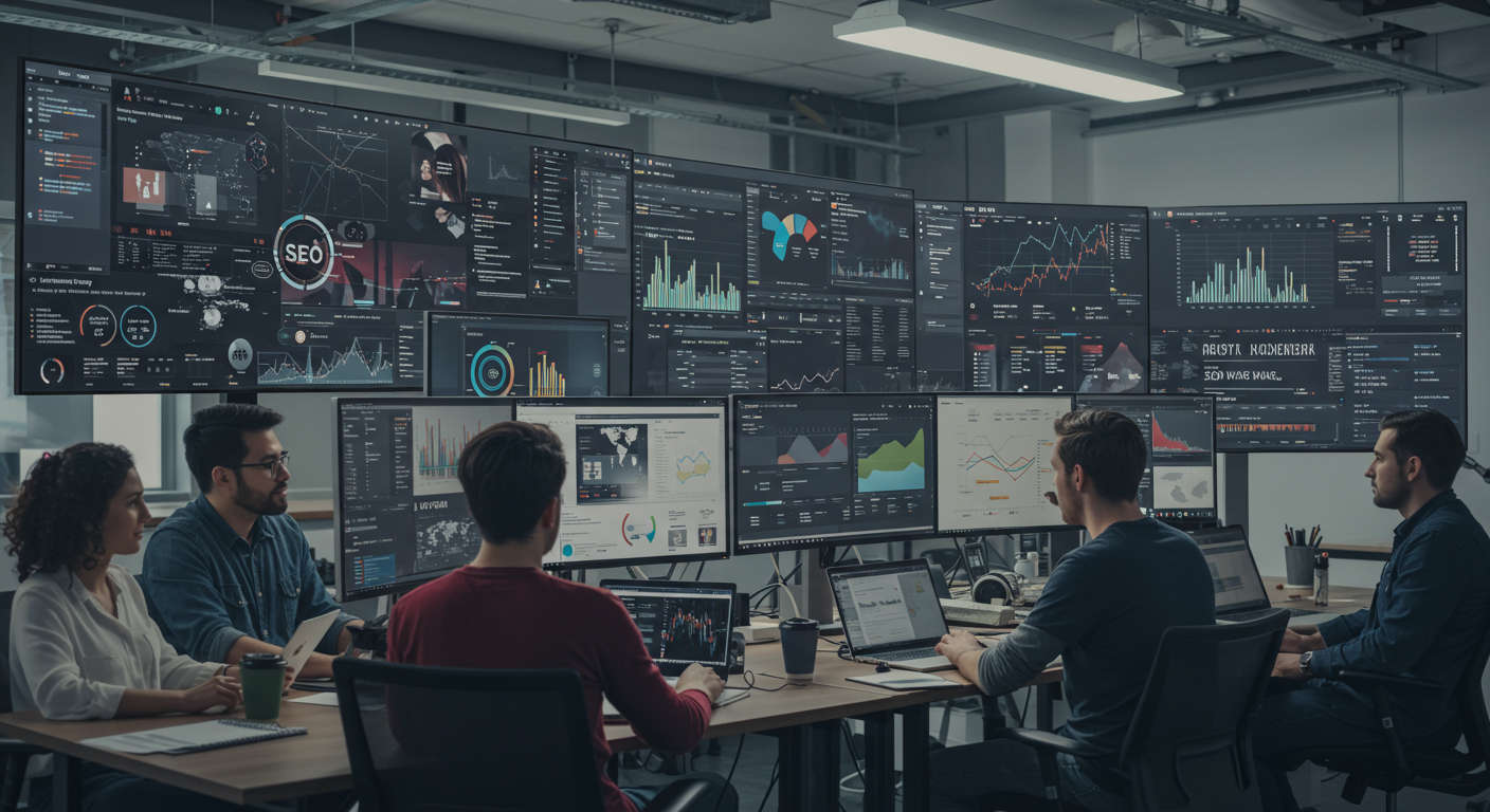 A busy digital agency office with multiple screens showing SEO data, keyword research, and content scheduling, representing AI-driven SEO content automation workflow for agencies