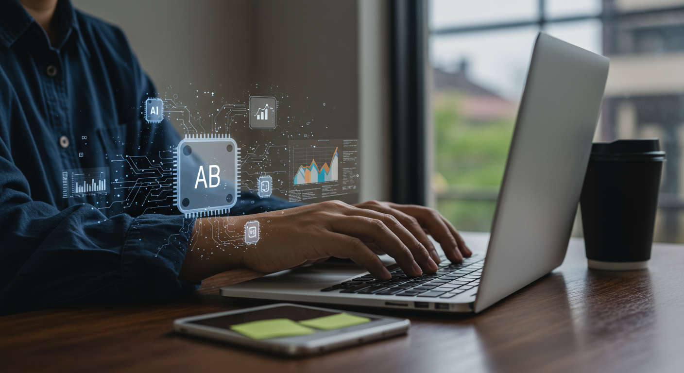 Small business owner managing marketing tasks on a laptop with AI automation elements around, representing affordable AI automation for startups using WordPress and Shopify plugins