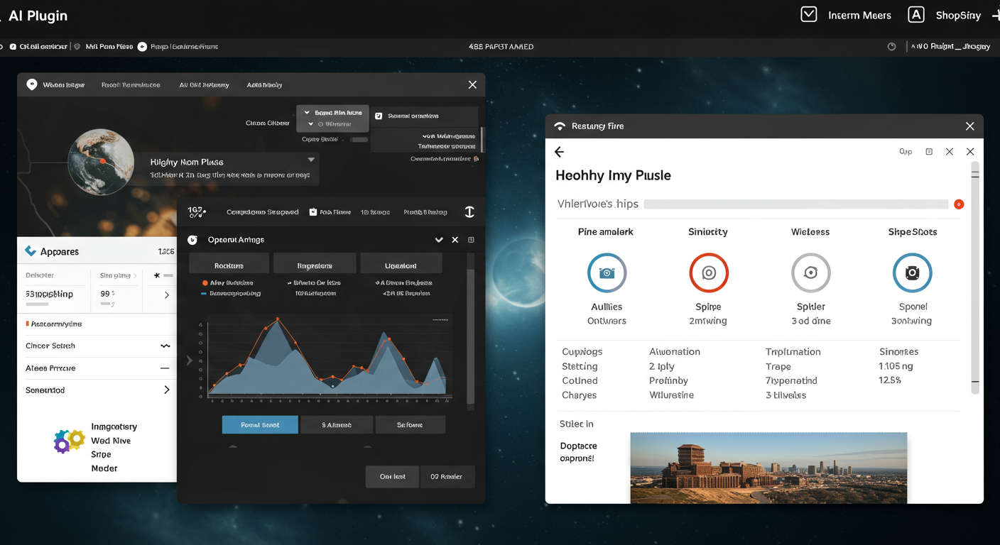 A dashboard view of an AI plugin interface on WordPress and Shopify with settings and analytics, showing integration and automation for video script generation