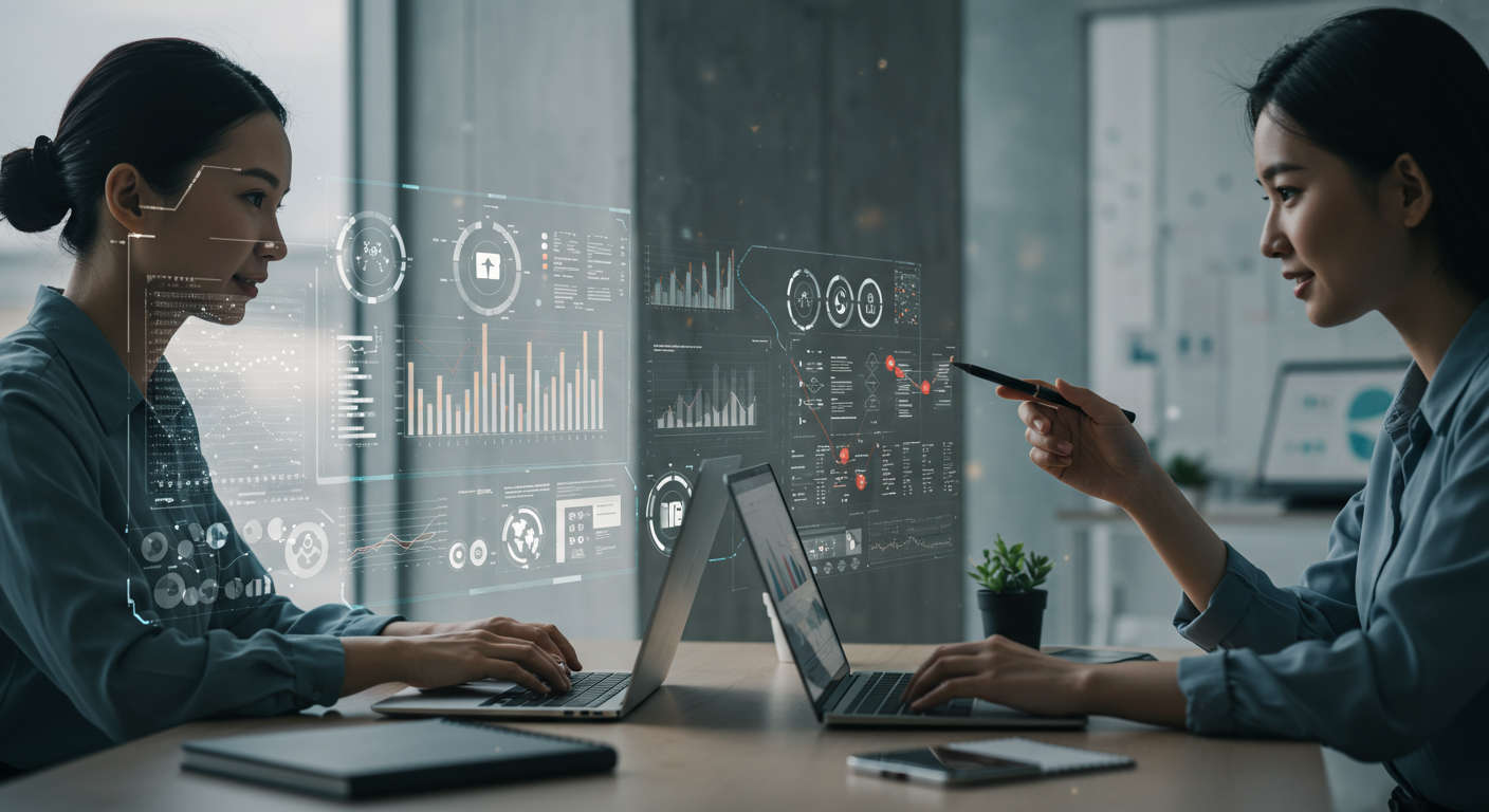 AI virtual employee performing keyword research and competitor analysis for small businesses with digital data interface