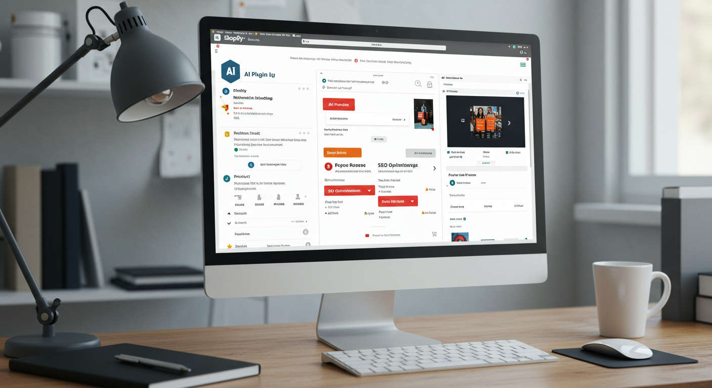 Shopify dashboard showing AI plugin integration with product listings and SEO optimisation settings visible on a clean user interface.