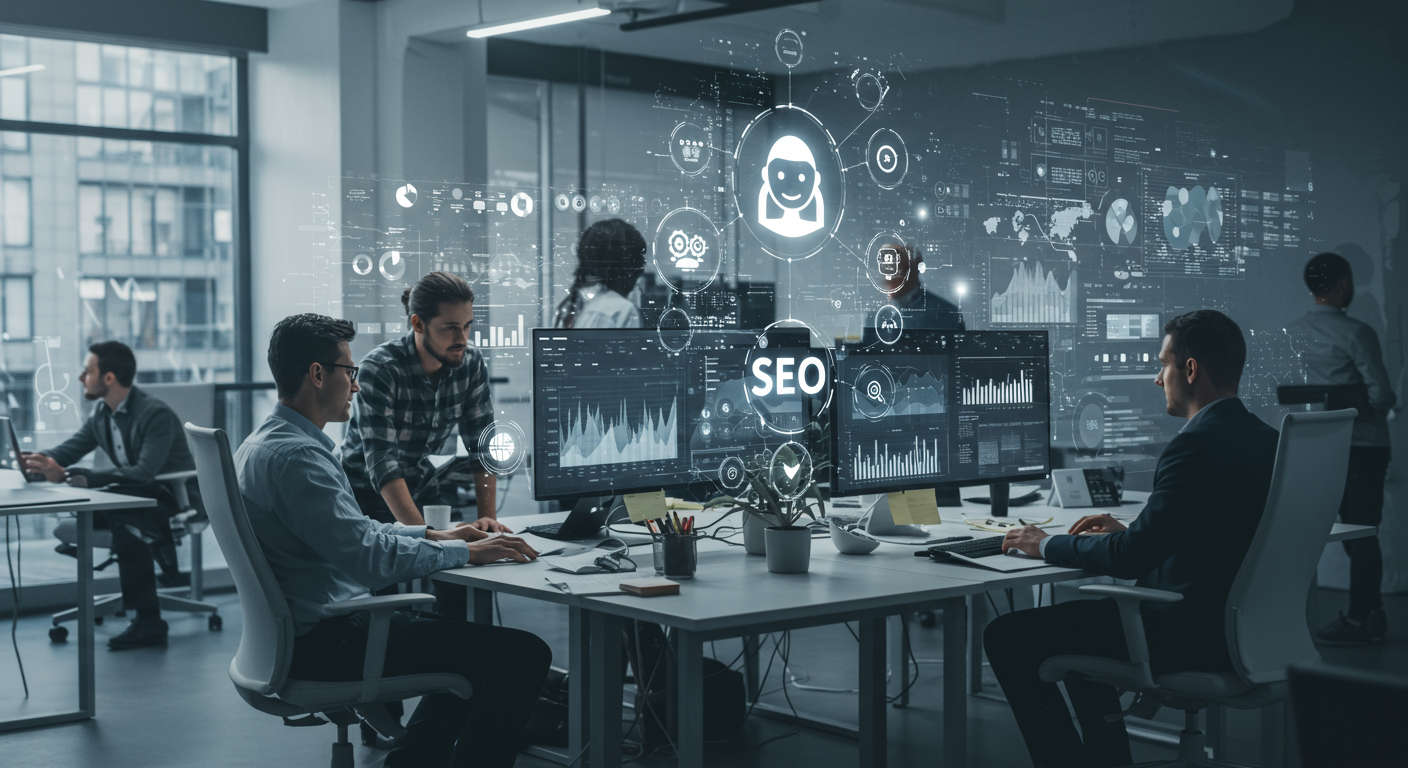 Modern digital agency workspace with multiple screens displaying SEO analytics, AI virtual assistant icons, and content management dashboards, showing diverse professionals collaborating in a bright, clean, and professional environment focused on automation and productivity.