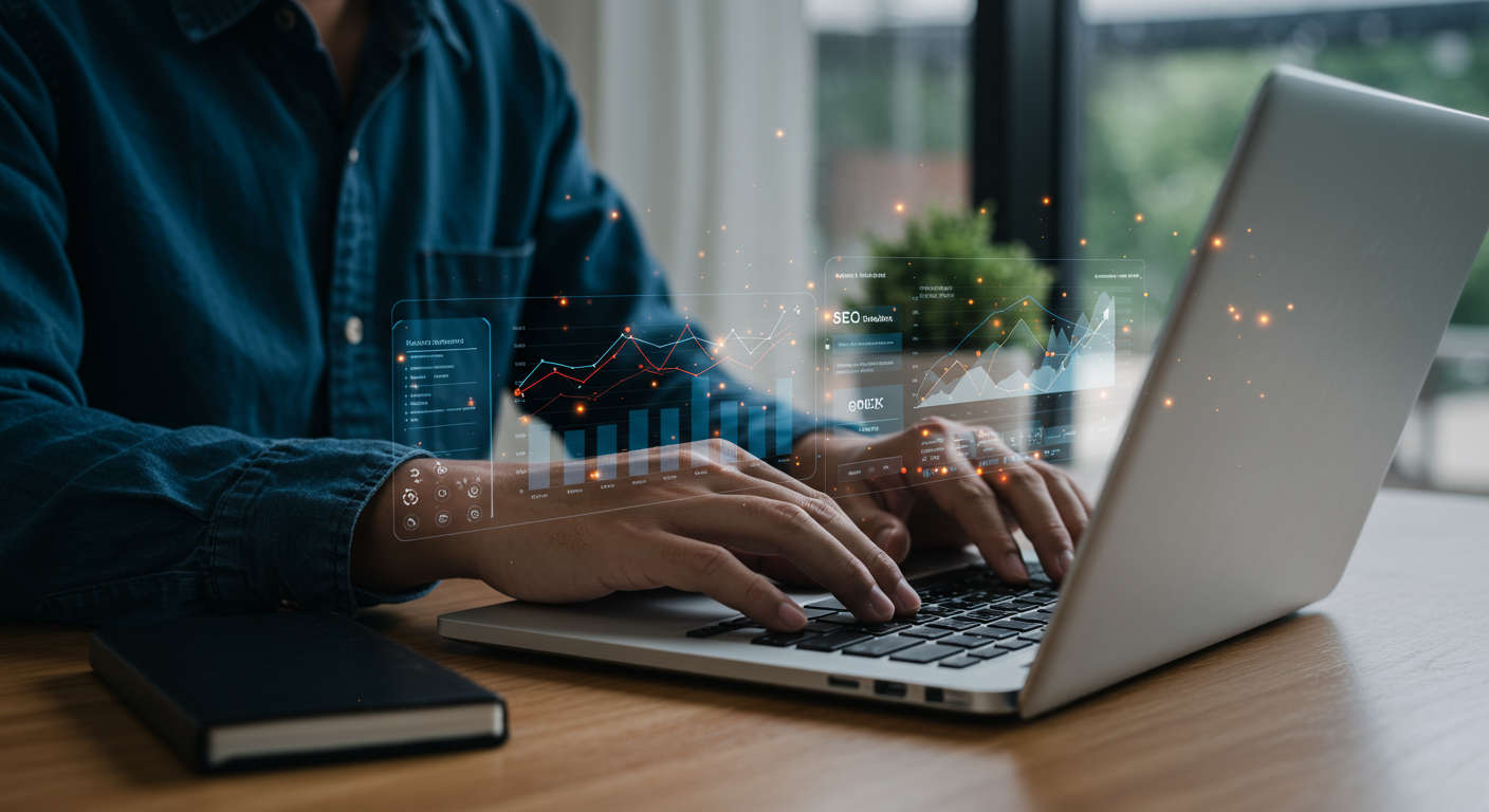 A small business owner using AI-powered tools on a laptop to create SEO-optimised blog content, with charts showing increasing website traffic and search rankings in the background, modern office setting