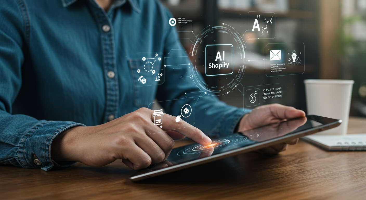 Ecommerce store owner managing Shopify AI apps on a tablet, with visual elements showing AI-powered email optimisation, personal assistant features, and marketing automation, bright and professional environment