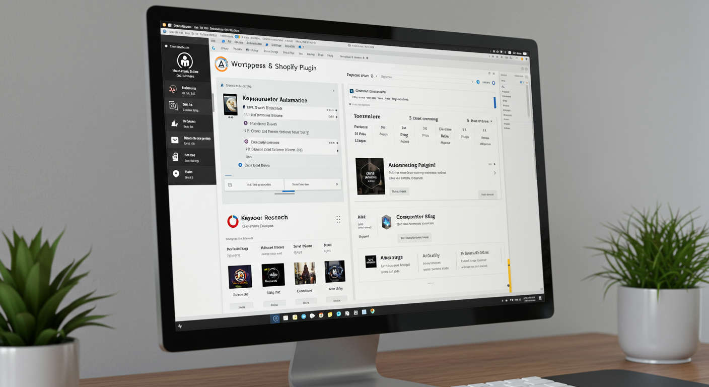 WordPress and Shopify plugin interface displaying AI automation features such as keyword research, competitor analysis, and automated blog publishing on a user-friendly dashboard