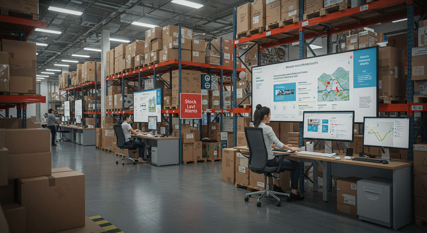 An e-commerce warehouse with AI-powered inventory management system displaying stock level alerts and predictive restocking on digital screens with Shopify branding