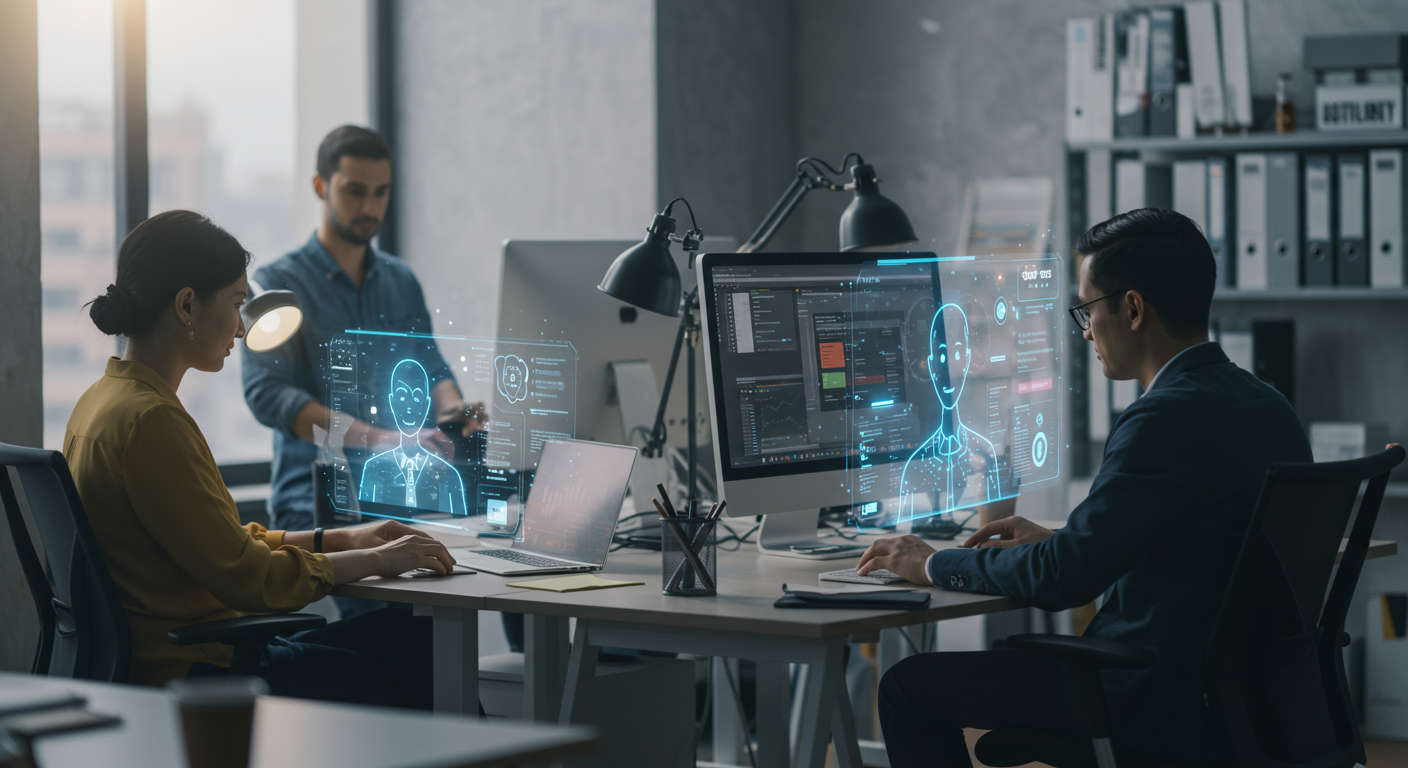 Diverse small business team collaborating with AI virtual employees through holographic digital assistants, showcasing AI automation integration with WordPress and Shopify platforms in a modern office setting