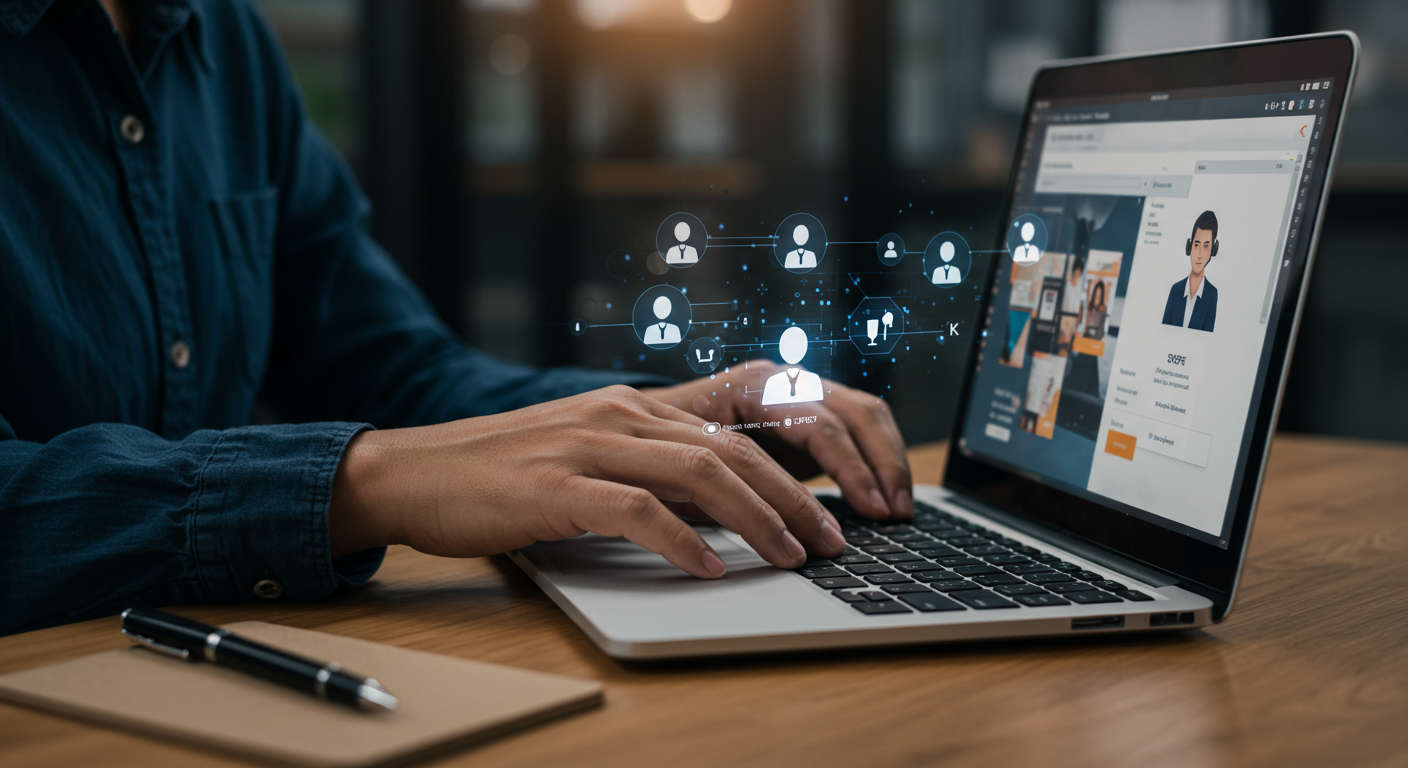 Small business owner using AI virtual employees on a laptop with Shopify store interface visible, showing customer support automation in action