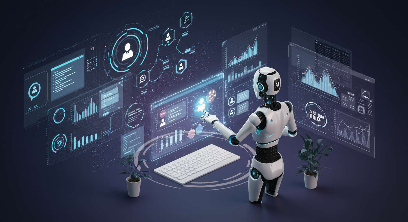 AI virtual employee working autonomously on SEO content creation and customer support tasks, digital workspace with charts and automation icons, vibrant and futuristic style