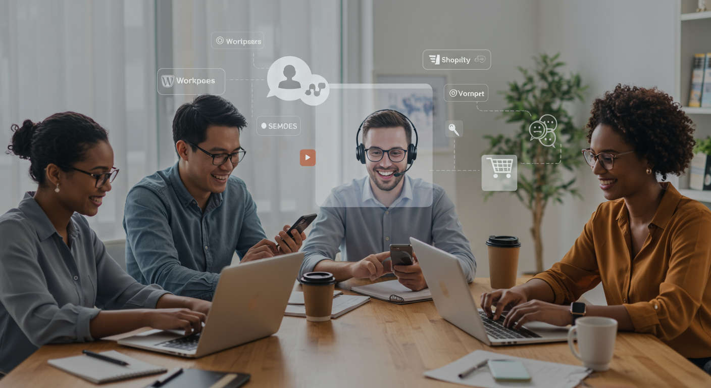 Diverse small business owners engaging with AI virtual employee assistants on laptops and smartphones, representing AI customer support automation integrated with WordPress and Shopify for SMBs.
