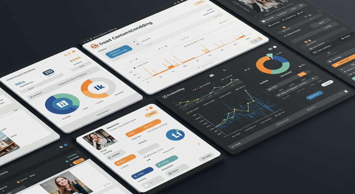 A dashboard showing AI-driven content scheduling across multiple channels like WordPress, LinkedIn, Facebook, and Reddit, with graphs and scheduling interface