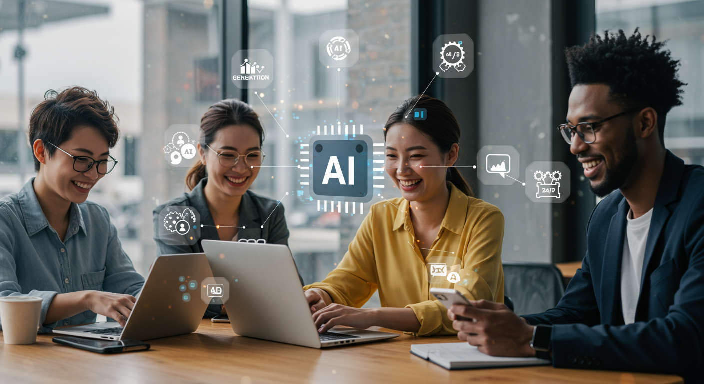 Diverse small business owners using AI technology for lead generation and marketing automation in a modern, connected workspace