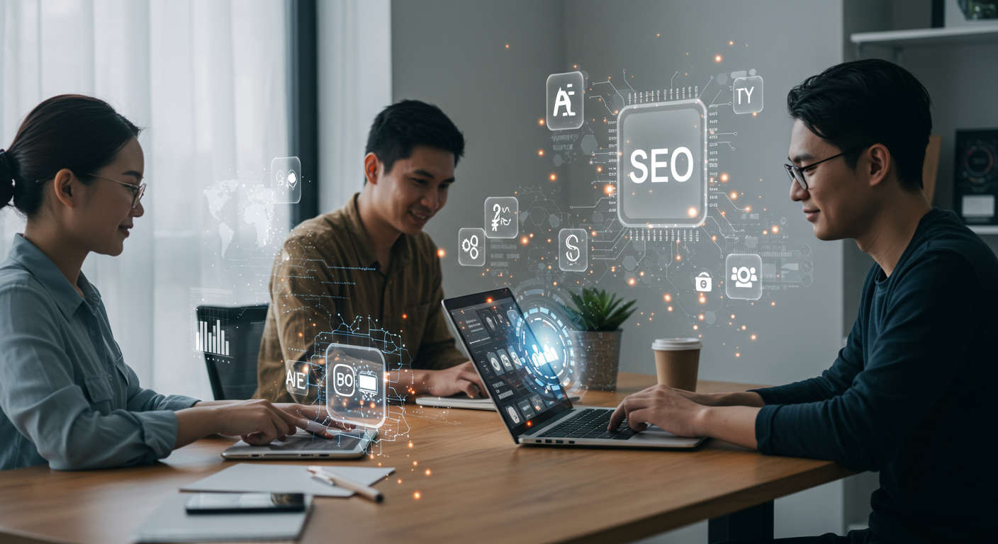 Diverse small business professionals collaborating with AI technology on SEO content creation in a modern digital workspace with holographic AI assistant icons and SEO graphics.
