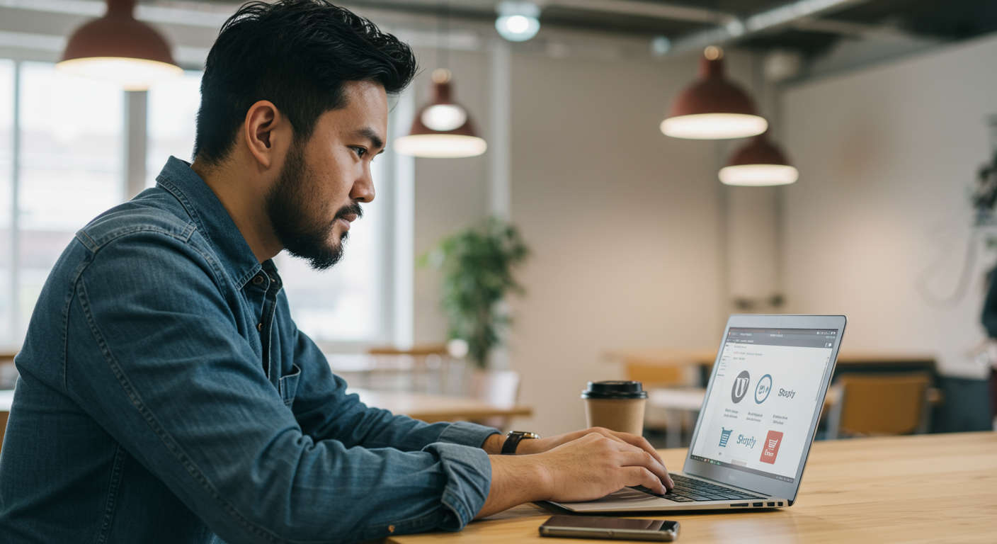 Small business owner using AI virtual employee on laptop, WordPress and Shopify logos visible, modern office background, friendly and productive atmosphere