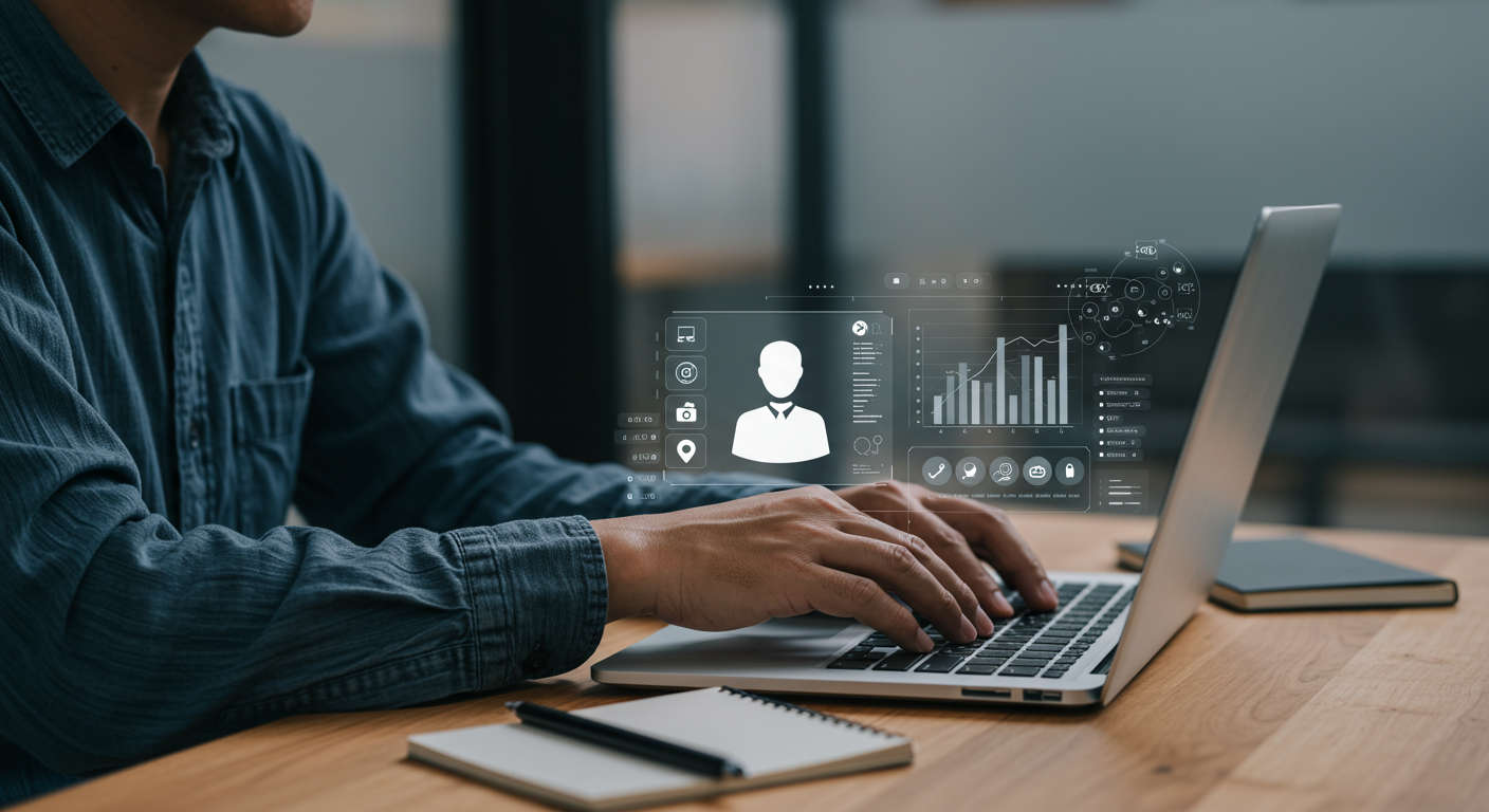 Small and medium-sized business owner using AI virtual employee on laptop, automating lead generation tasks with WordPress and Shopify plugins, digital marketing concept, modern office environment