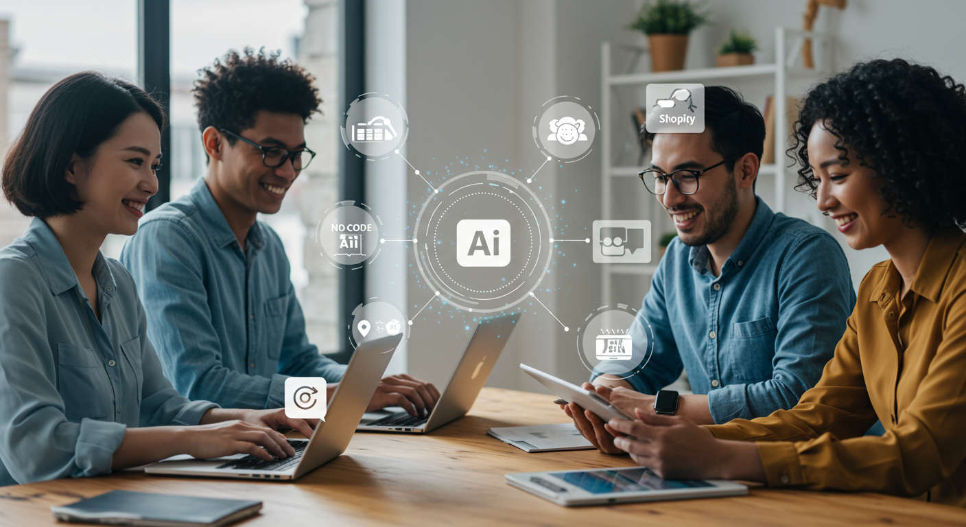 Diverse small business owners using laptops and tablets with AI virtual assistant icons, representing no-code AI onboarding for WordPress and Shopify in a modern office setting