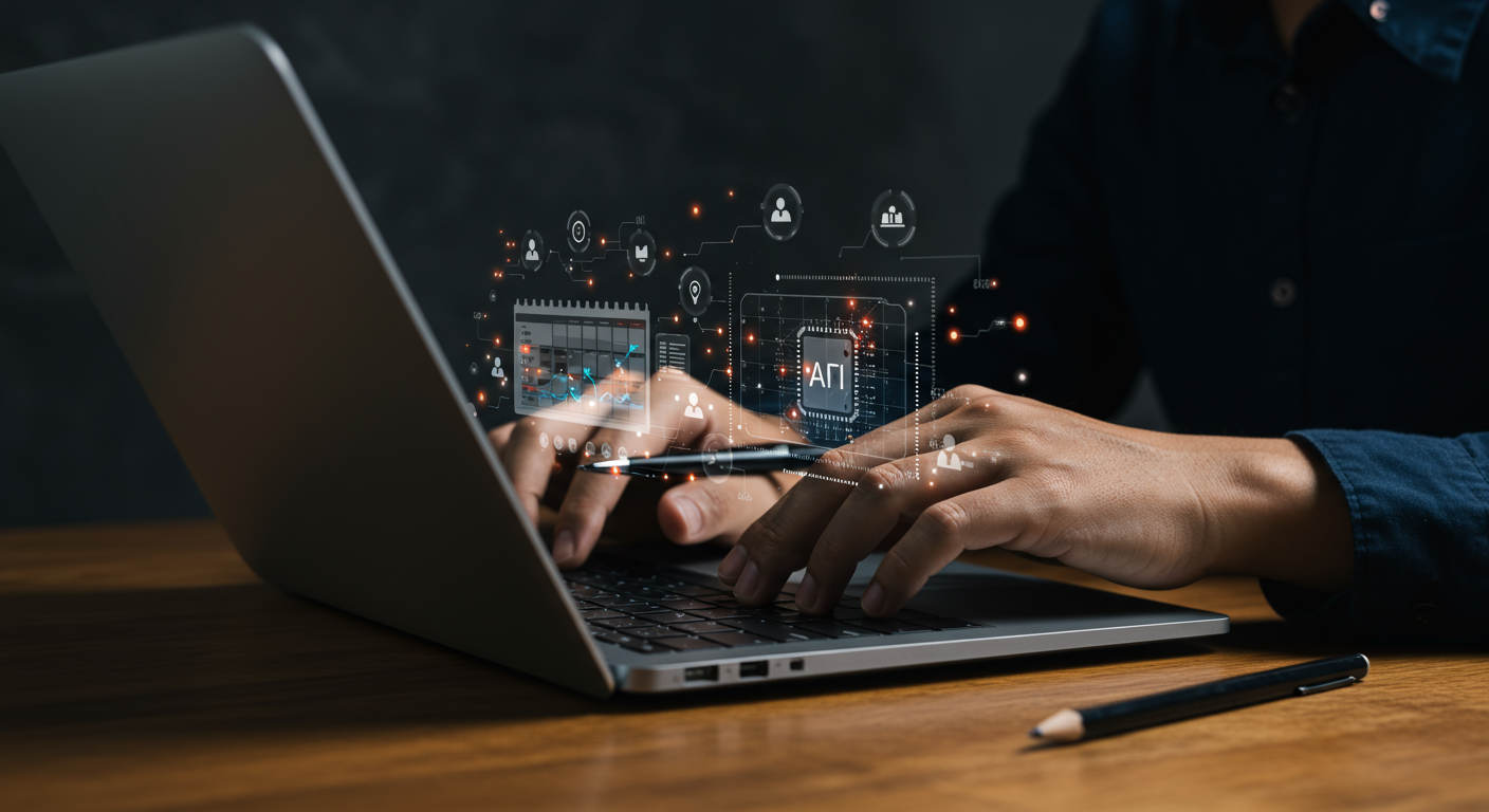 A small business owner using AI content scheduling on a laptop, with calendar and social media icons around, showing automation and daily publishing