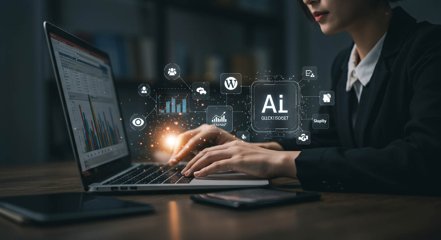 AI virtual employee working on a laptop, automating SEO blog post creation and publishing, with digital marketing icons and WordPress and Shopify logos