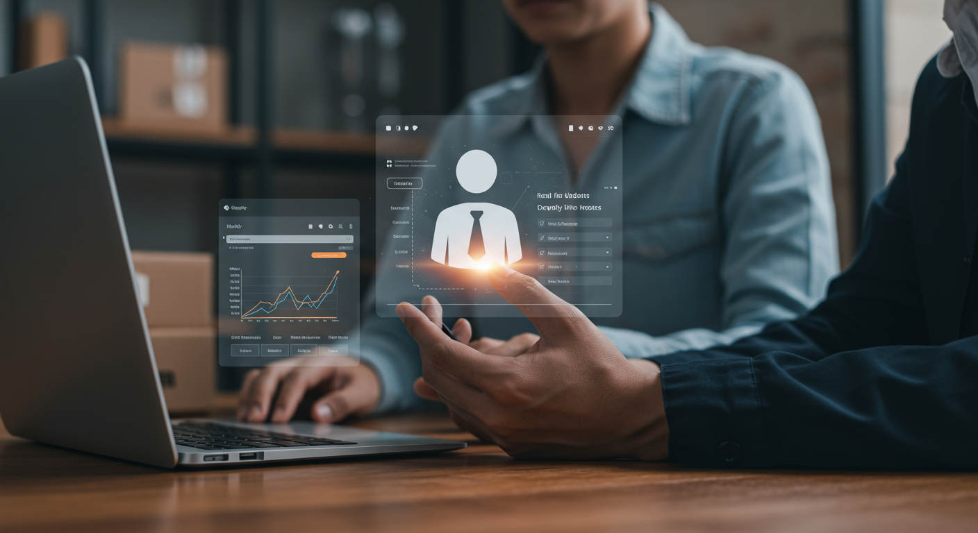 AI virtual employee managing Shopify inventory with real-time stock updates, demand forecasting, and error reduction, showing a small business owner benefiting from automation