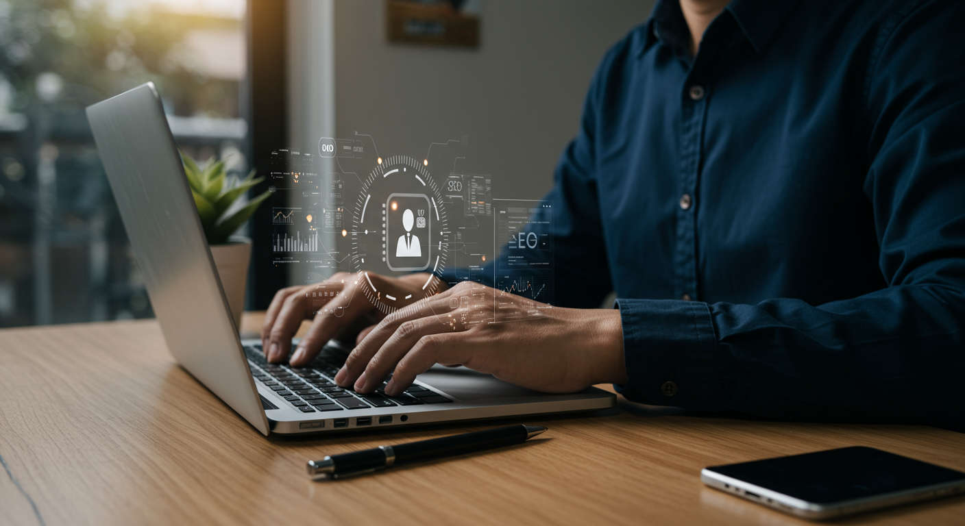 Small business owner using AI virtual employee software for SEO automation in a modern office setting