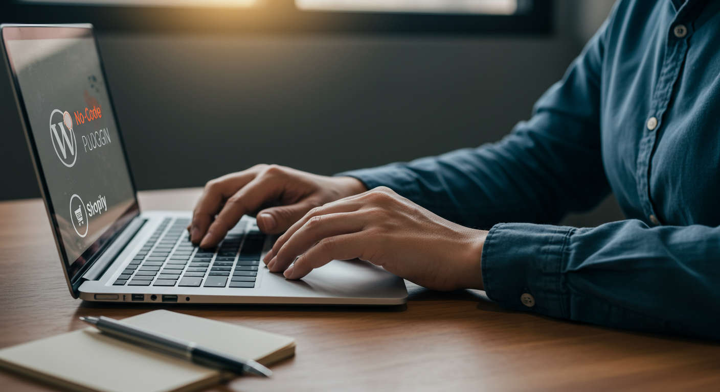 A small business owner using a no-code AI automation plugin on a laptop with WordPress and Shopify logos visible, showing ease of use and automation benefits