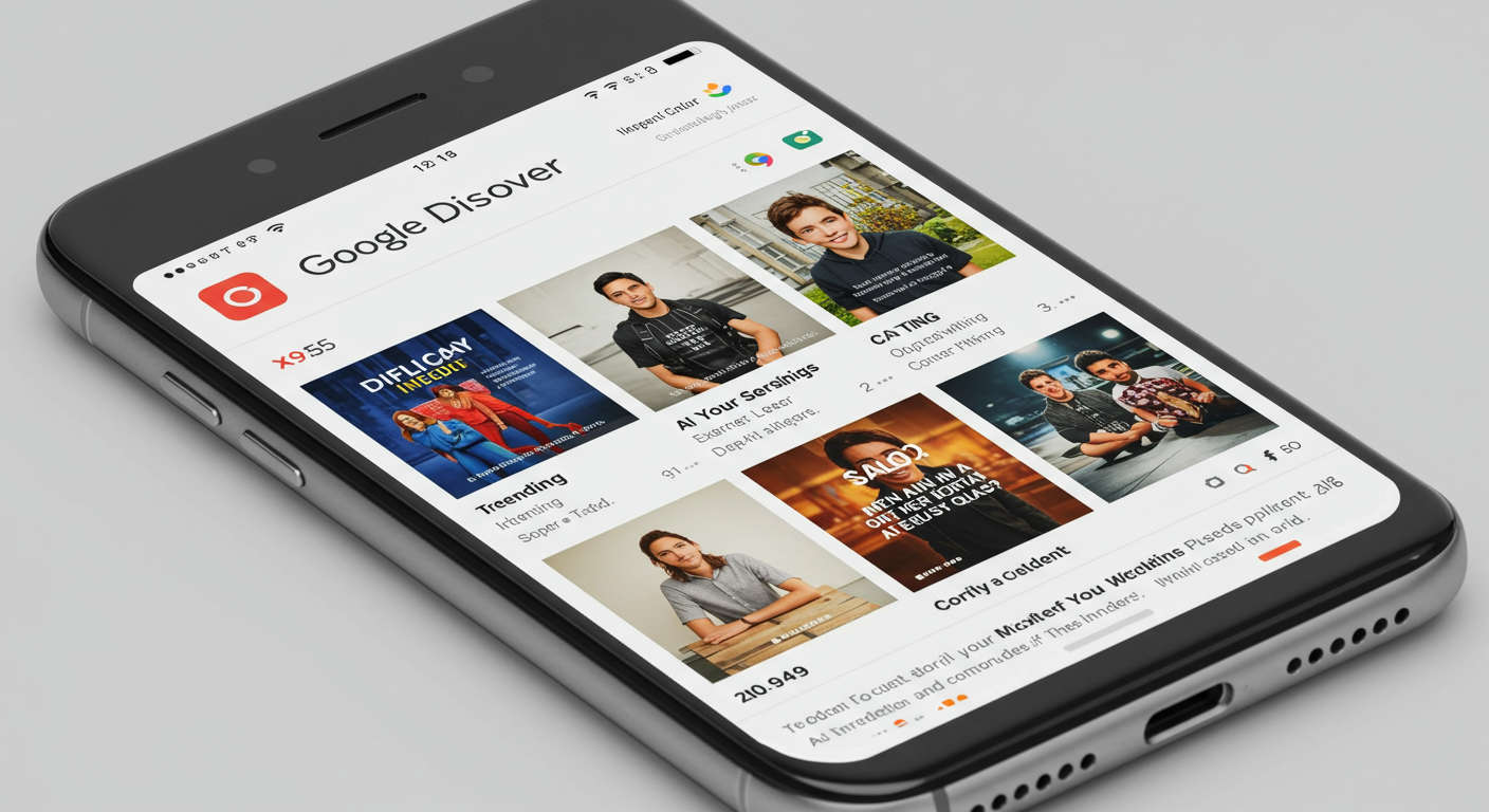 A modern smartphone displaying Google Discover feed with various articles, highlighting AI content and mobile-first indexing, vibrant colours, tech style