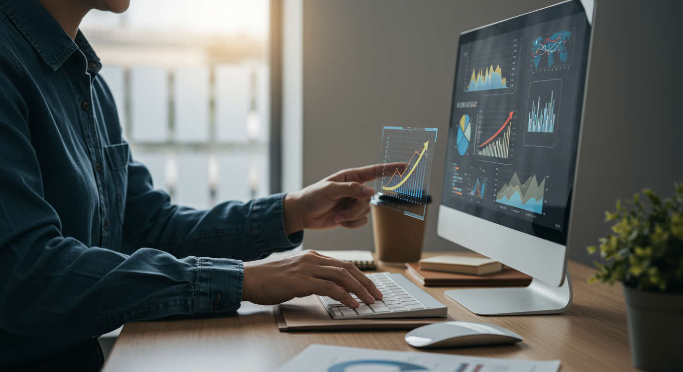 Small business owner checking ecommerce dashboard with rising lead numbers, automated AI workflow on screen, bright and engaging workspace showing success in no-code AI workflow automation