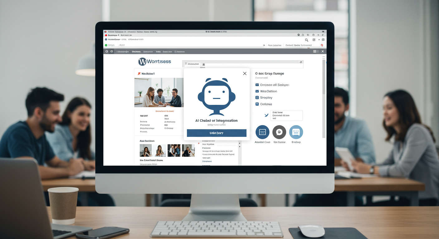 Small business owner integrating no-code AI chatbot plugin on WordPress and Shopify with easy automation setup on computer screen