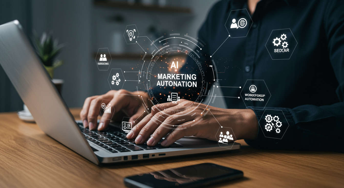 Small business owner using AI marketing automation on a laptop, surrounded by digital marketing icons like SEO, lead generation, and workflow automation