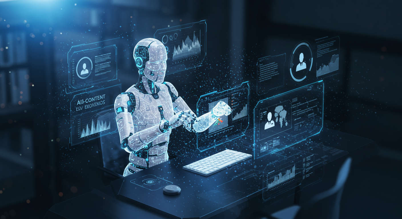 AI content automation process showing virtual employee researching, writing, and publishing SEO blog posts autonomously, futuristic technology theme