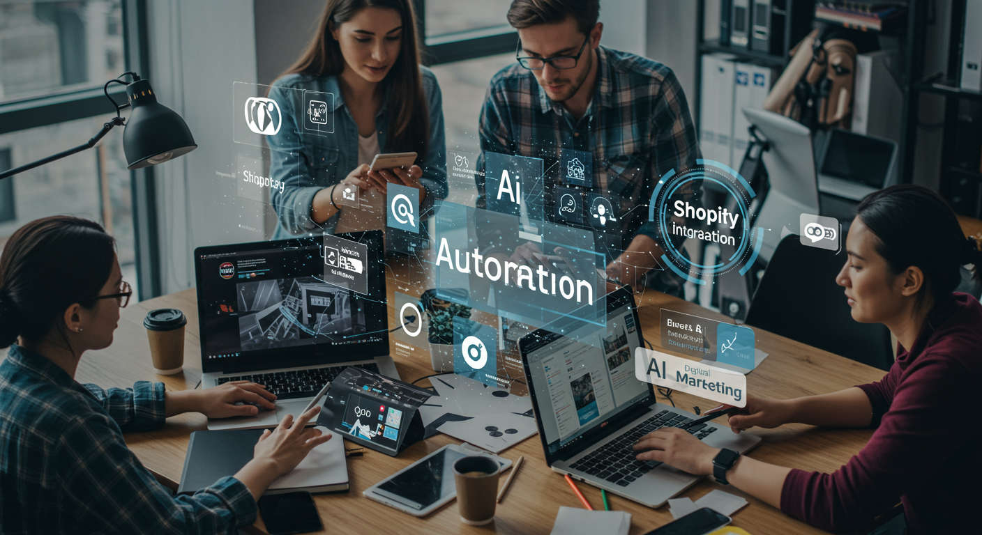 Diverse startup team collaborating with AI automation technology, showcasing WordPress and Shopify integration for digital marketing and virtual assistants in a modern office environment