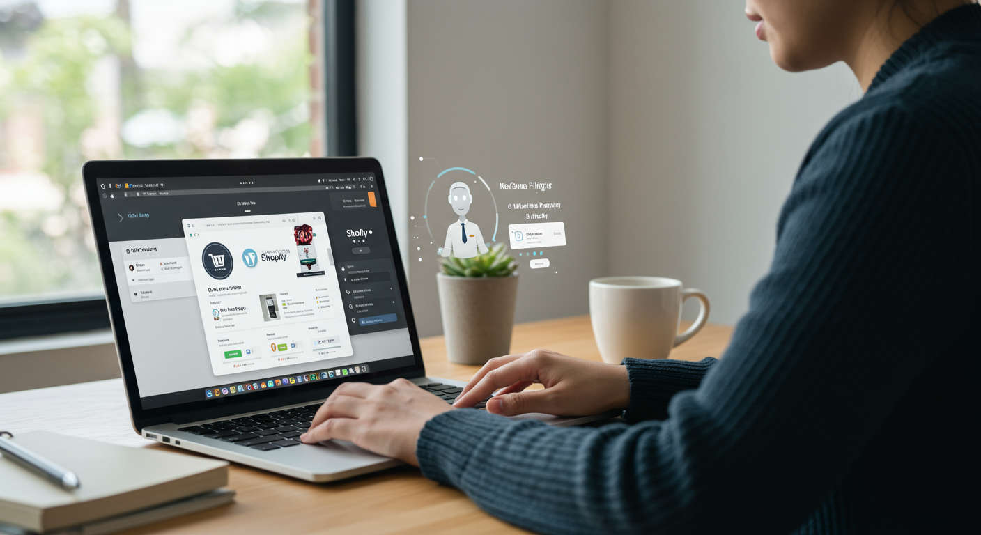 Small business owner using AI virtual employee on a laptop with WordPress and Shopify plugins, no-code interface, friendly and modern workspace