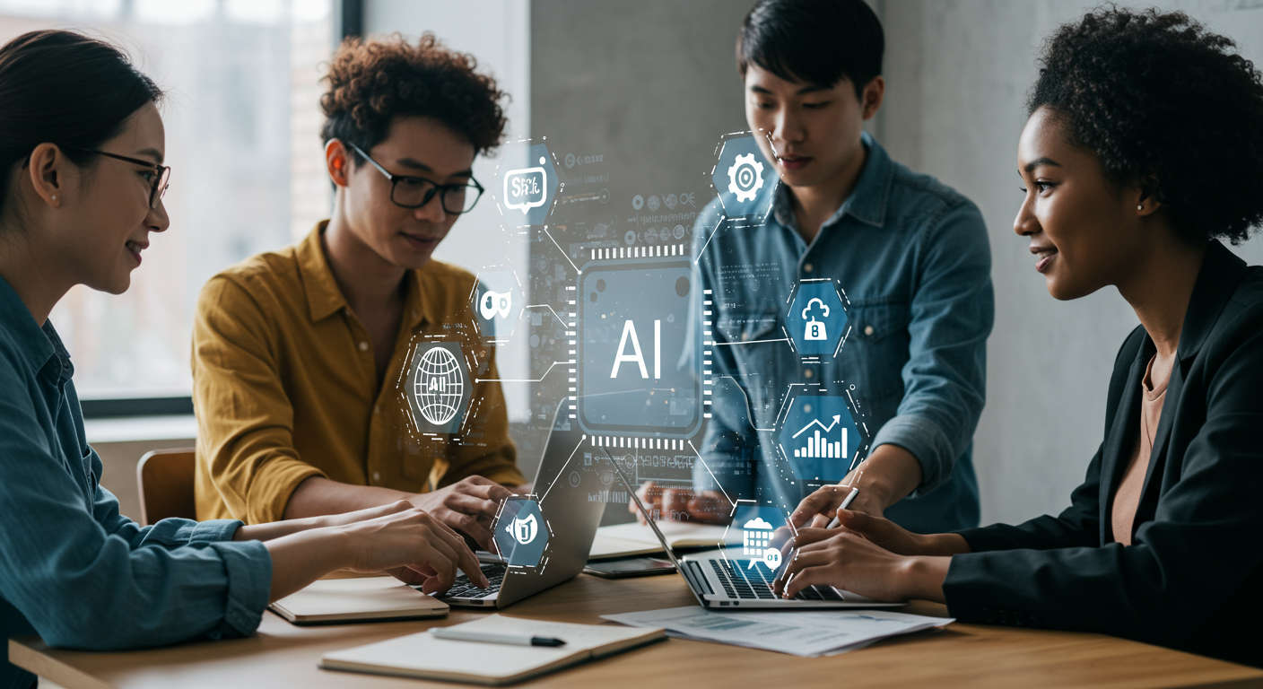 Diverse small business owners and startup founders collaborating with AI technology in a modern office, illustrating no-code AI automation for SMBs using WordPress and Shopify plugins