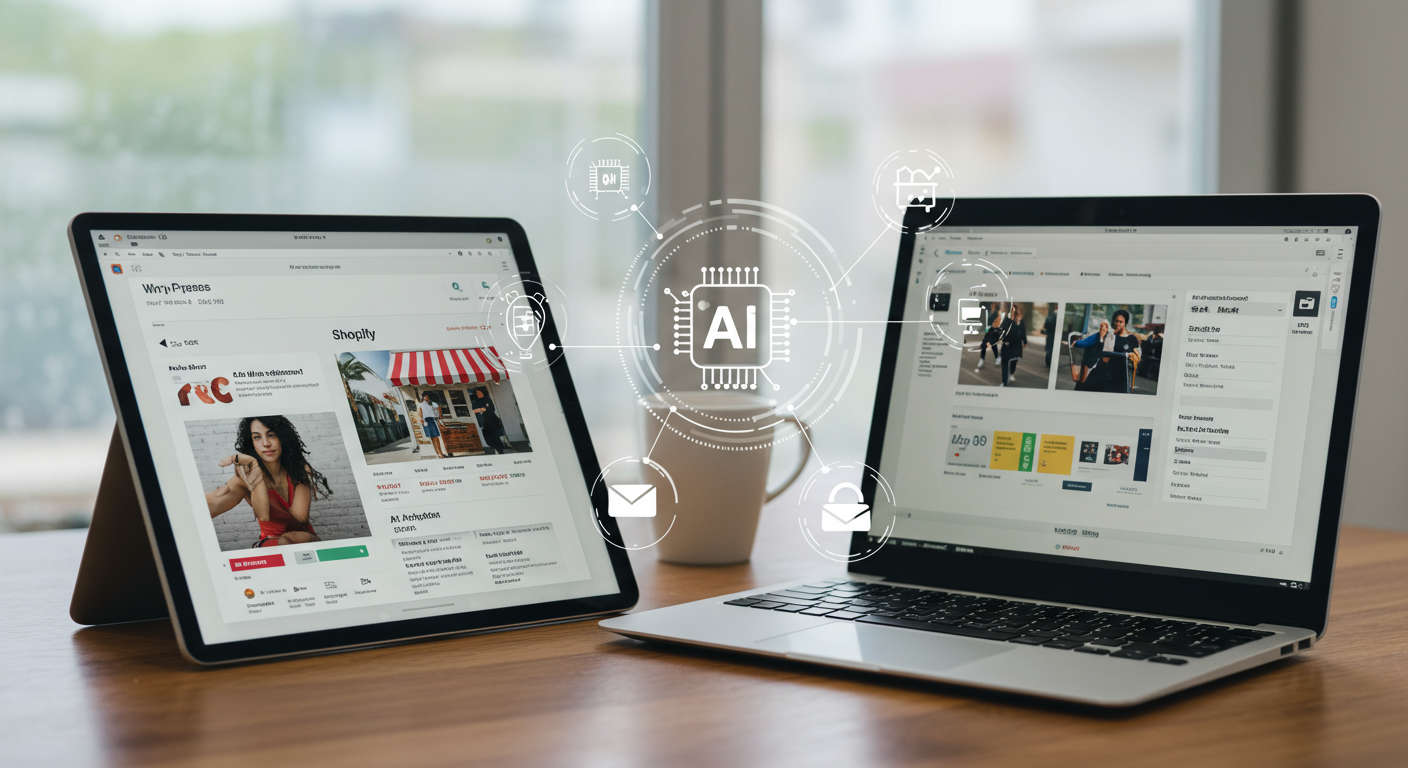 Modern workspace with laptop showing WordPress dashboard and tablet displaying Shopify store interface, surrounded by AI and automation icons representing AI-driven content creation and publishing for SMBs and startups.