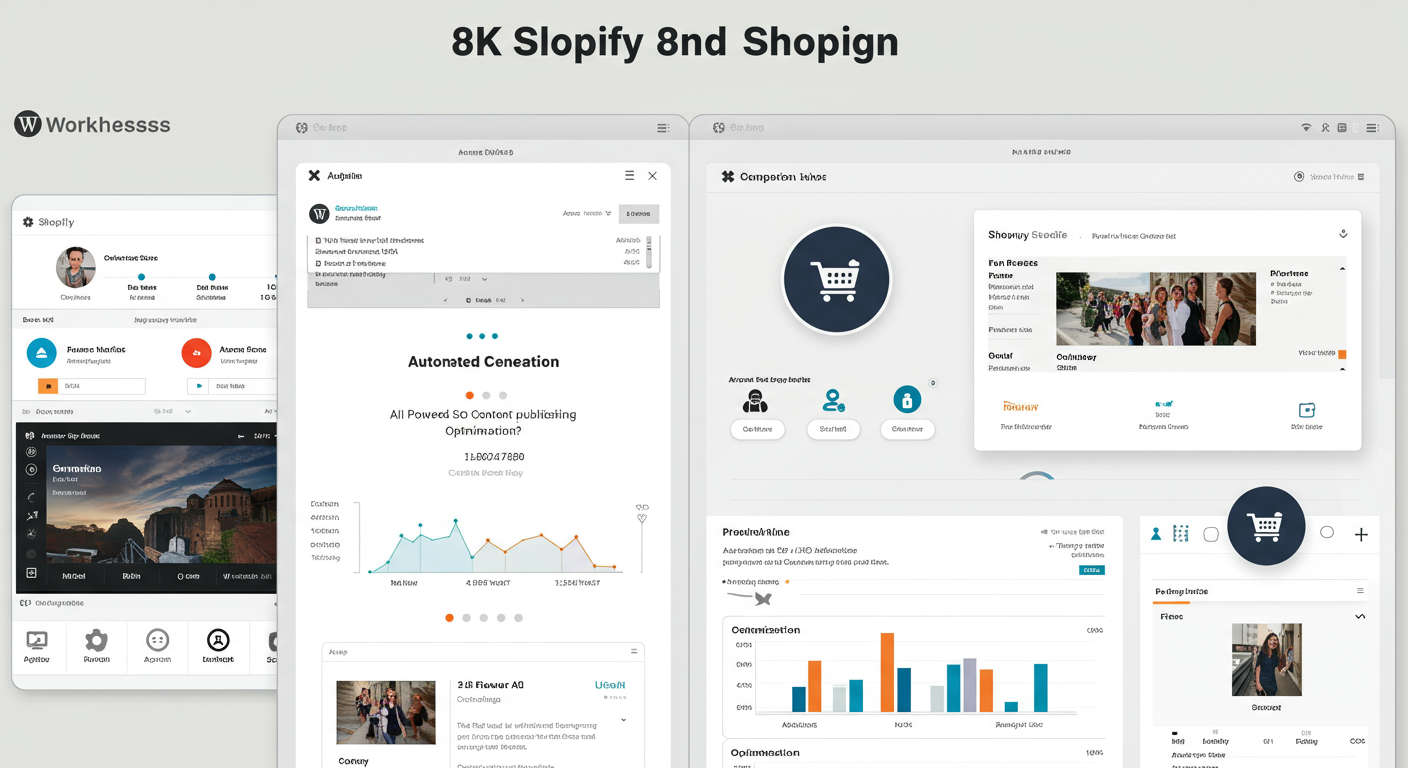 WordPress and Shopify dashboard showing AI plugin integration, with automated SEO content publishing and optimisation features, clean user interface, vibrant colours