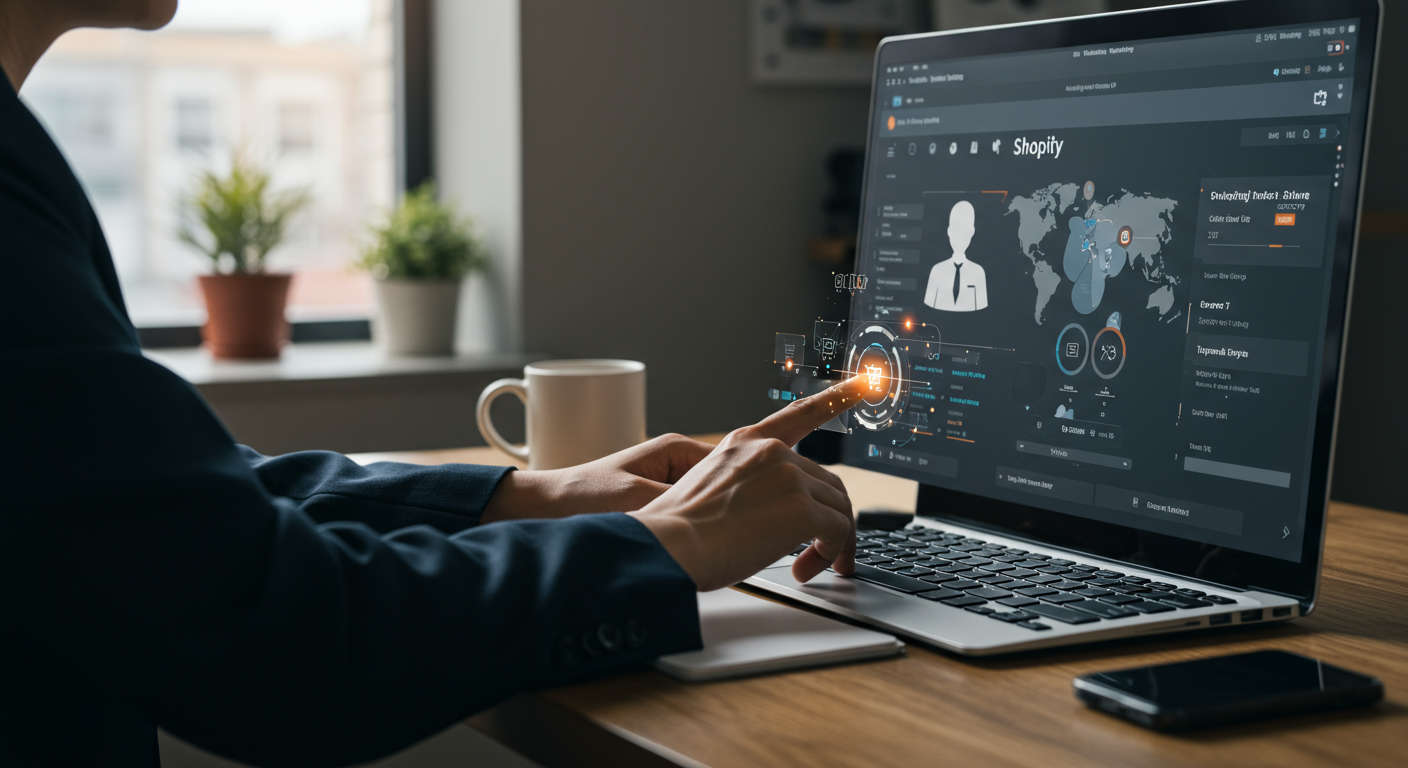 Small business owner using AI virtual employee on Shopify store dashboard, showing automation of marketing tasks on screen, ecommerce setting, modern and professional
