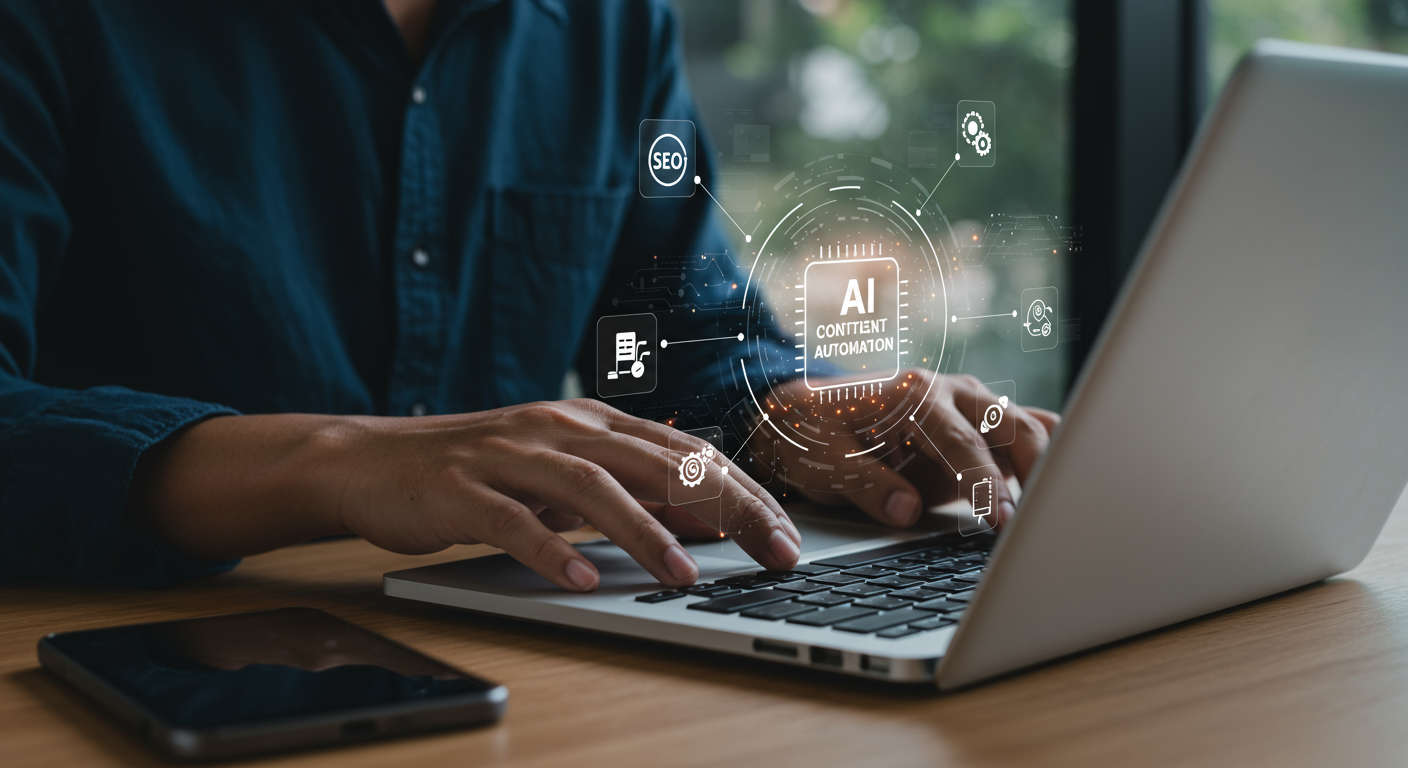 A small business owner using AI content automation tools on a laptop, surrounded by icons representing SEO, blog posts, social media, and marketing automation, modern office setting