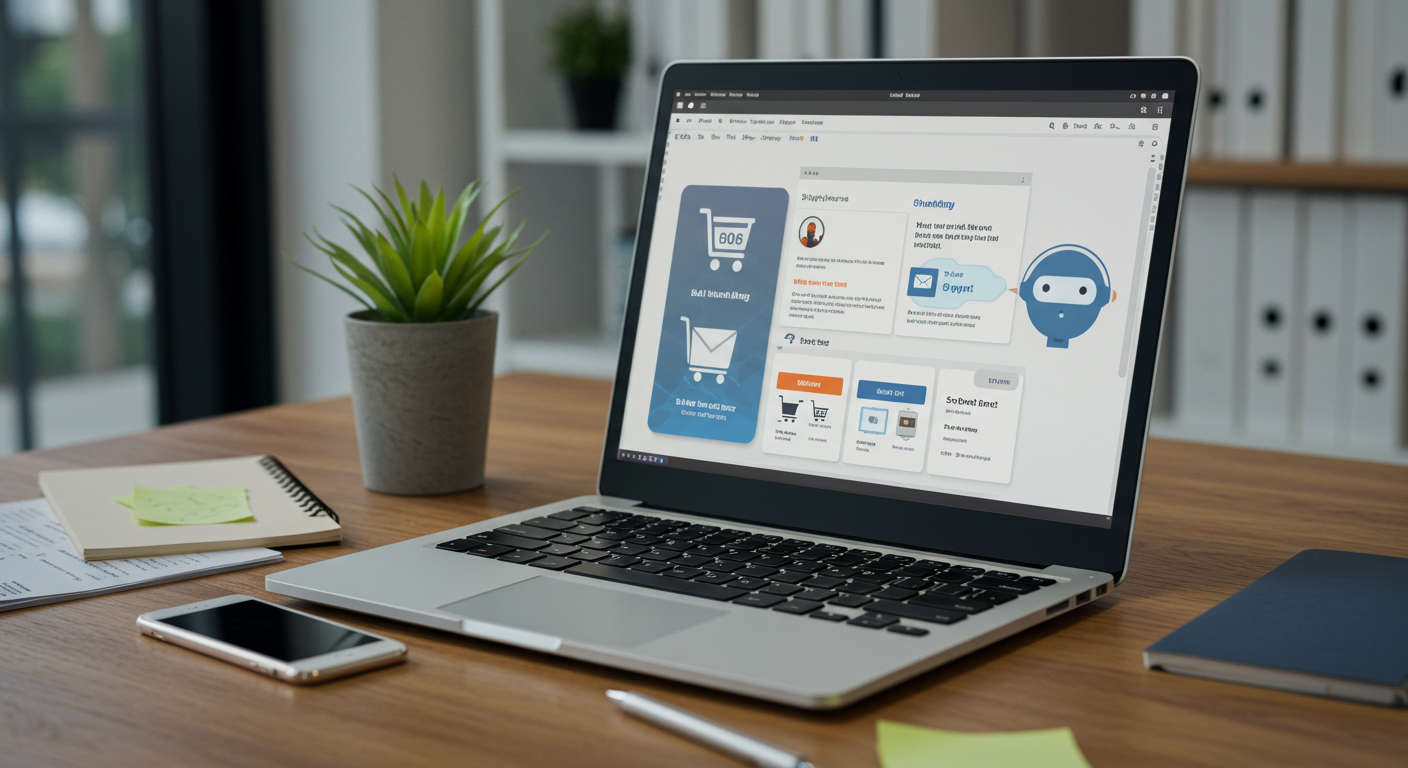 A modern e-commerce workspace showing Shopify AI automation plugin in action with a laptop displaying product descriptions, email marketing content, AI chatbot interface, and product recommendations on screen, vibrant and professional style